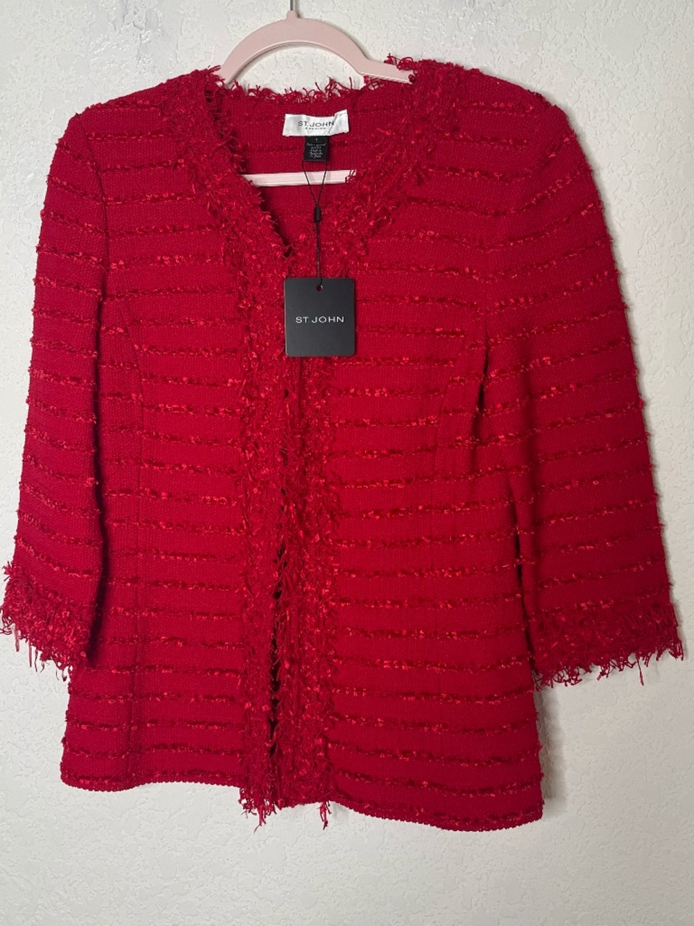St John Evening Jacket Womens 8 NWT Madison Red Wool Fringe Knit $1495